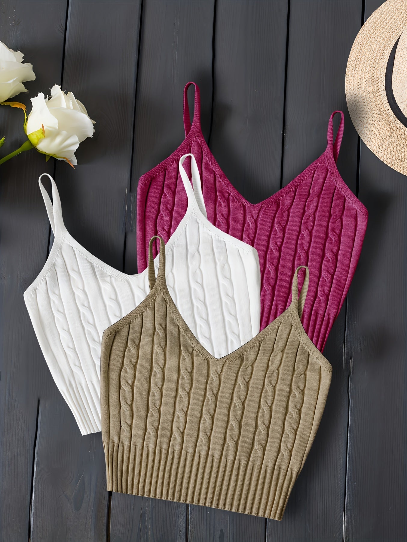 3-Pack Valentines Day Cable Knit Cami Tops - Soft V-Neck, Sleeveless Slim Crop, Adjustable Straps, Versatile Layering Essential - Womens Clothing, Celebrate Love in Style