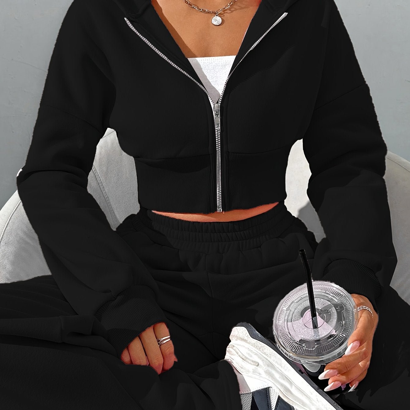 10.23 Fashionable Women's Autumn/Winter Zipper Hooded Long Sleeve Jacket + Wide Leg Trousers