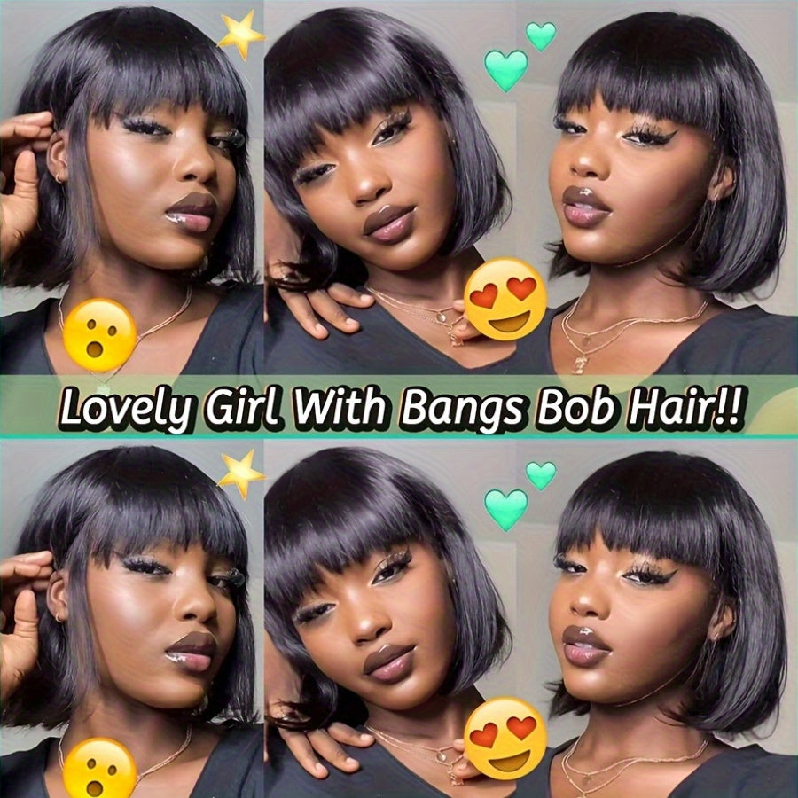 Elegant Straight Brazilian Human Hair Bob Wig with Bangs, Density, Glueless Short Wigs for Women, Rose Net Cap, Natural Look, Straight Hair, Human Hair, with Fring