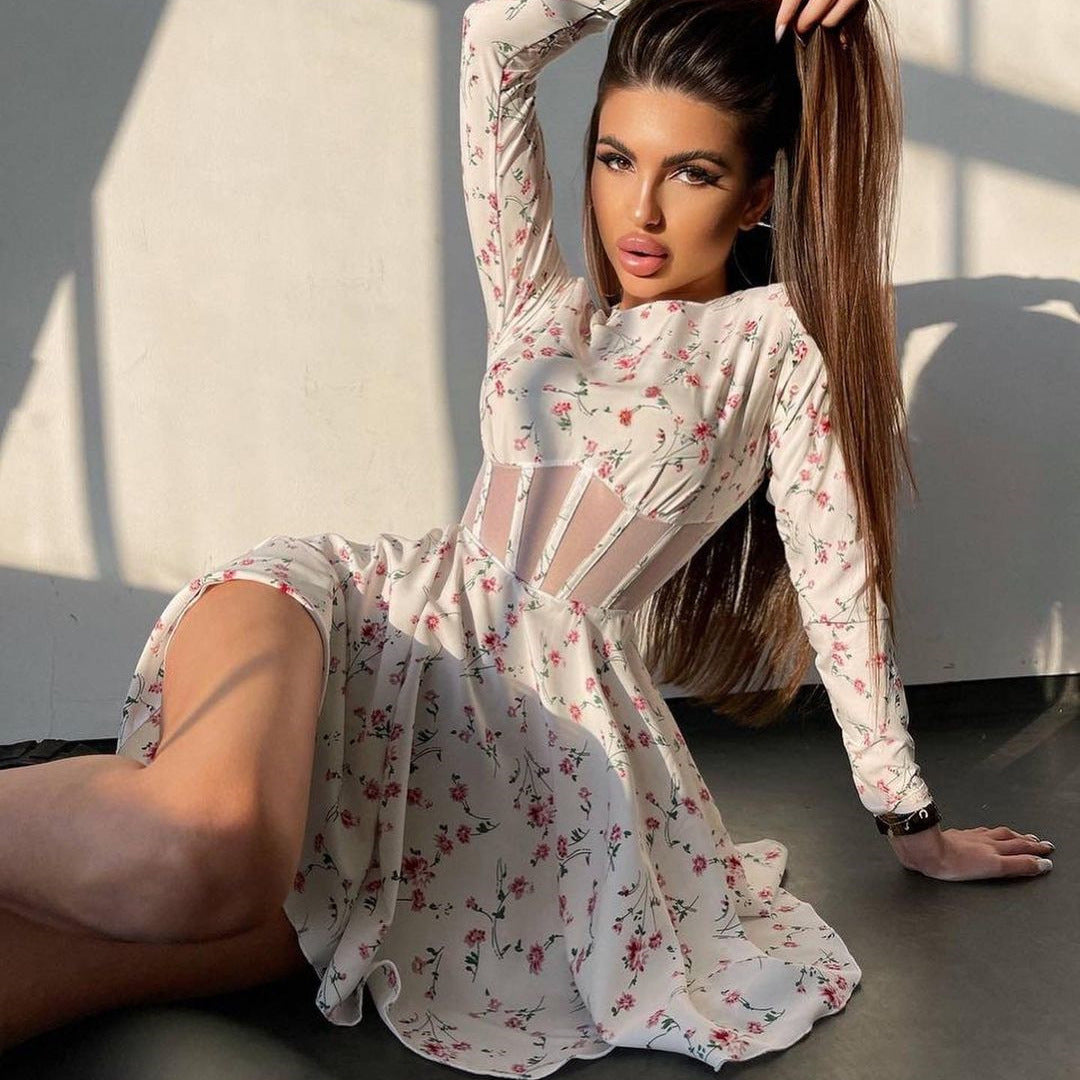 Womens Sexy Mesh Hollow-Out Patchwork Printed Dress