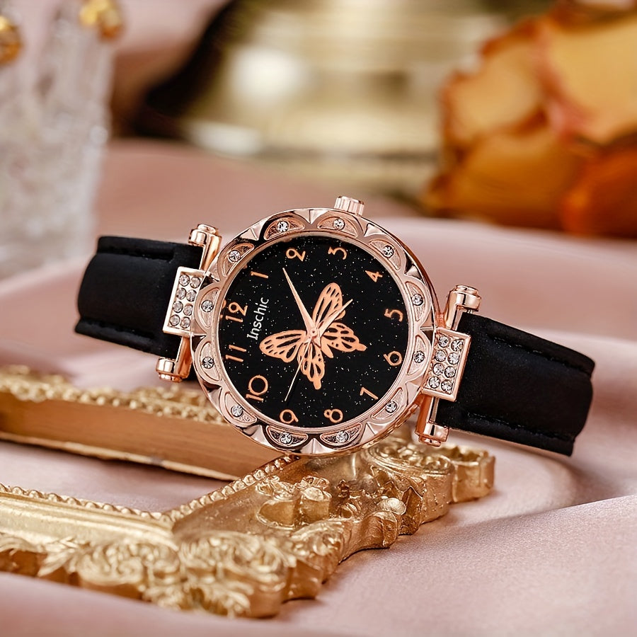 6pcs/set Black Round Quartz Watch PU Leather Strap Zinc Alloy Pointer Zinc Alloy Case And Butterfly Charm Bracelet Necklace Earrings Ring Gift For Women, Valentine's Day, Eid Al-Adha, Birthday, Friendship