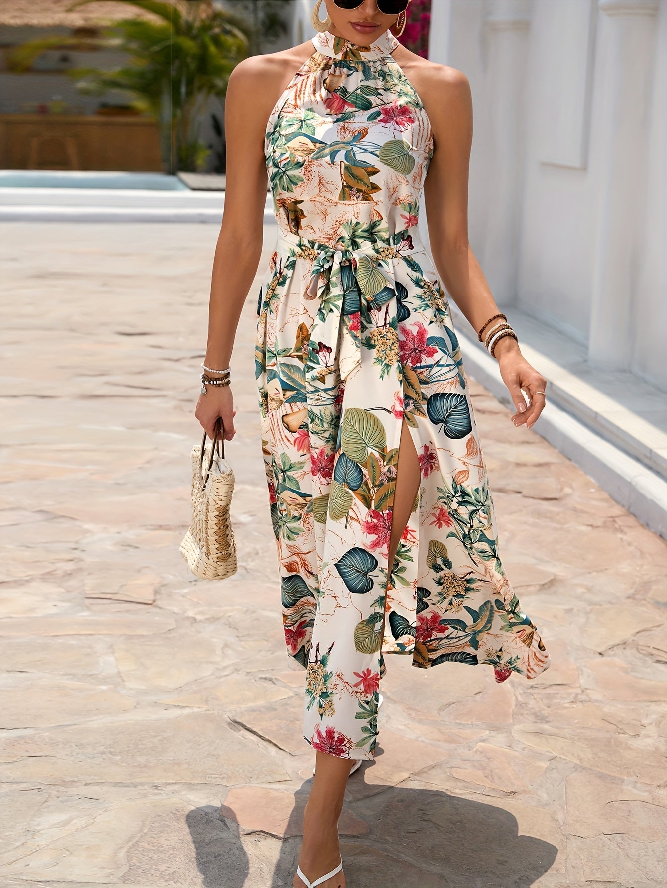 Belted Floral Print Split Halter Dress, Vacation Sleeveless Dress For Spring & Summer, Women's Clothing