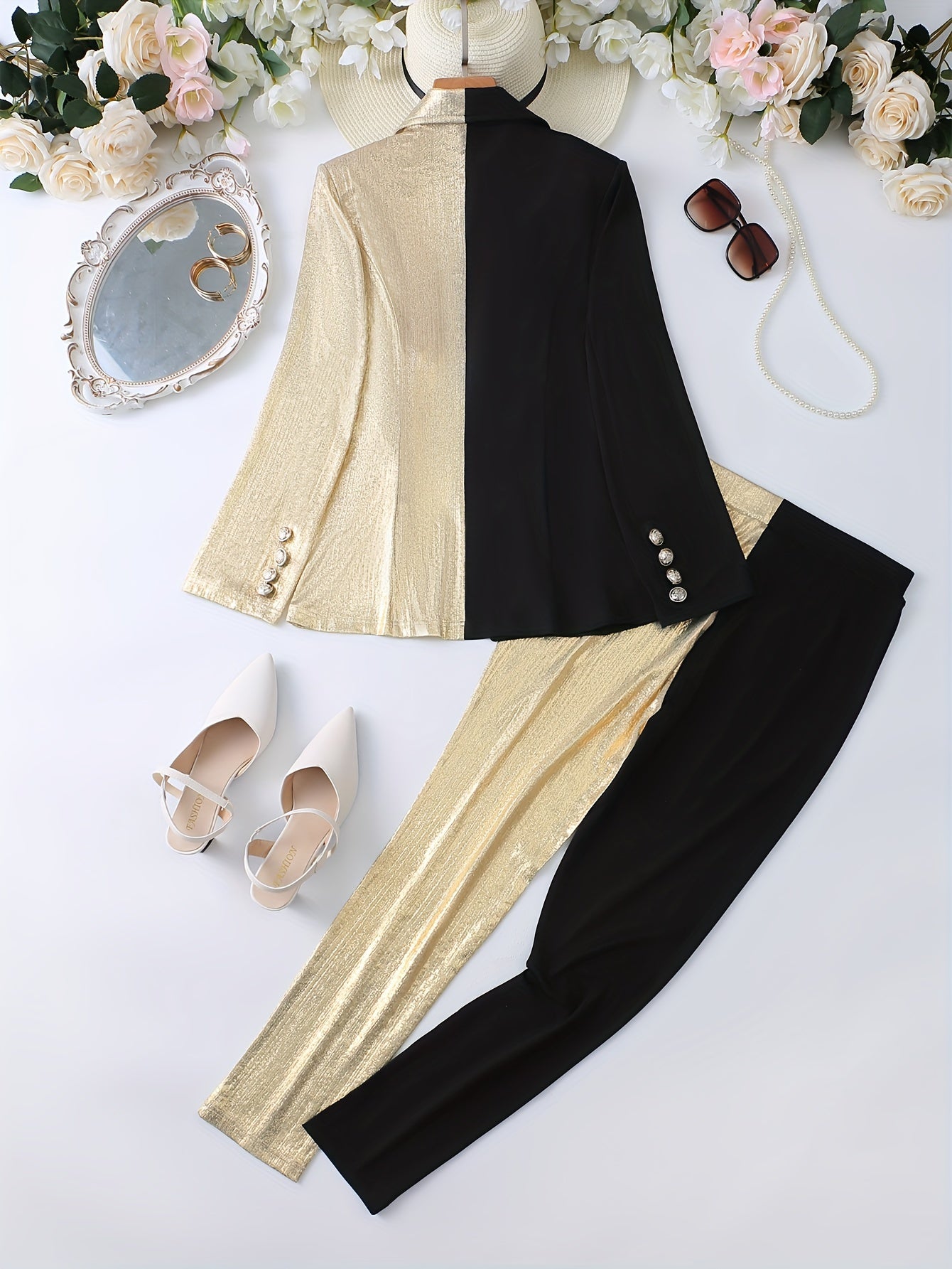 Double Breasted Long Sleeve Blazer Two-piece Set - Elegant Color Block Women's Clothing - Pants Outfits