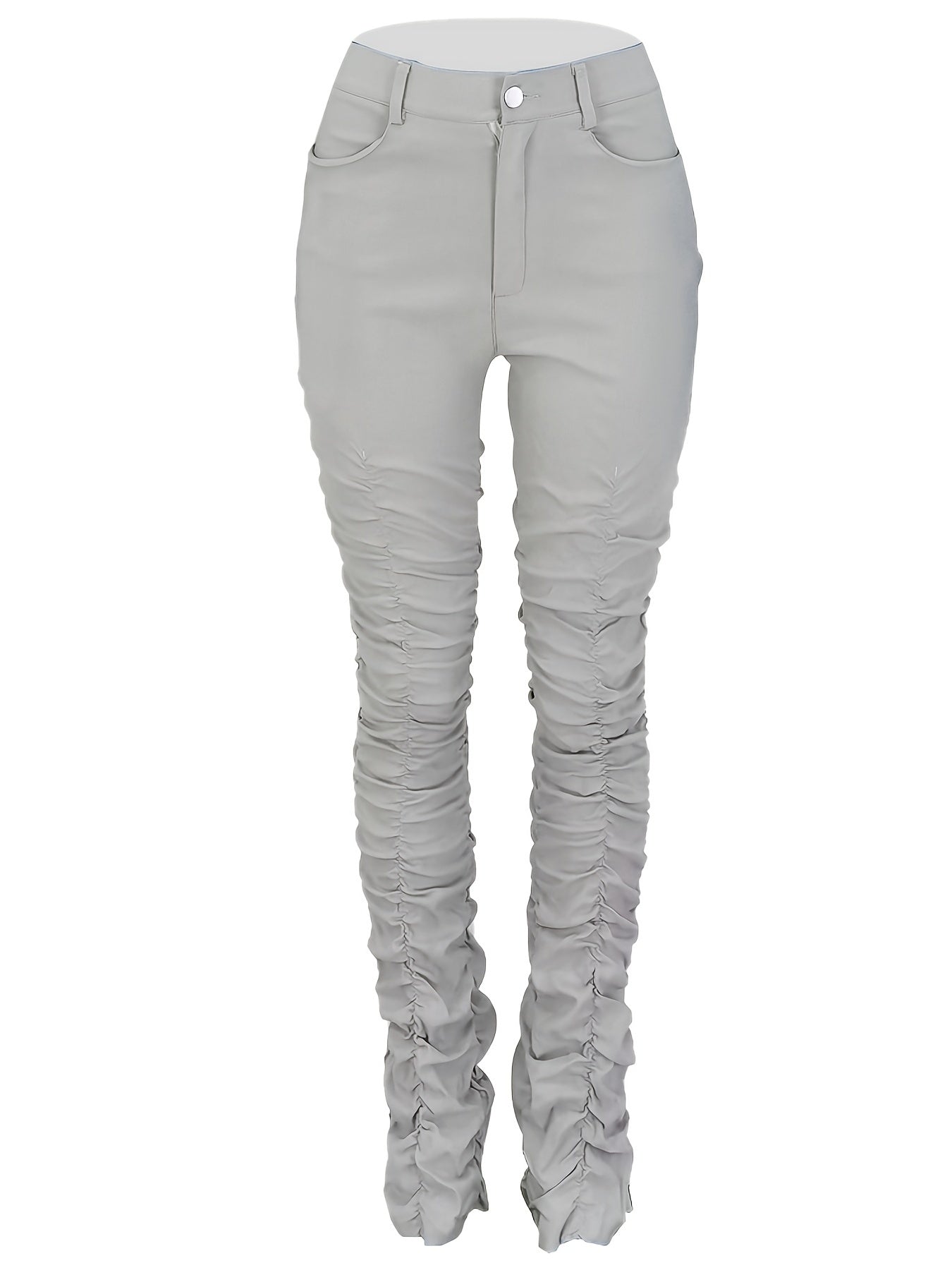 Solid High Waist Long Length Pants, Casual Stretchy Pleated All Seasons Pants, Women's Clothing