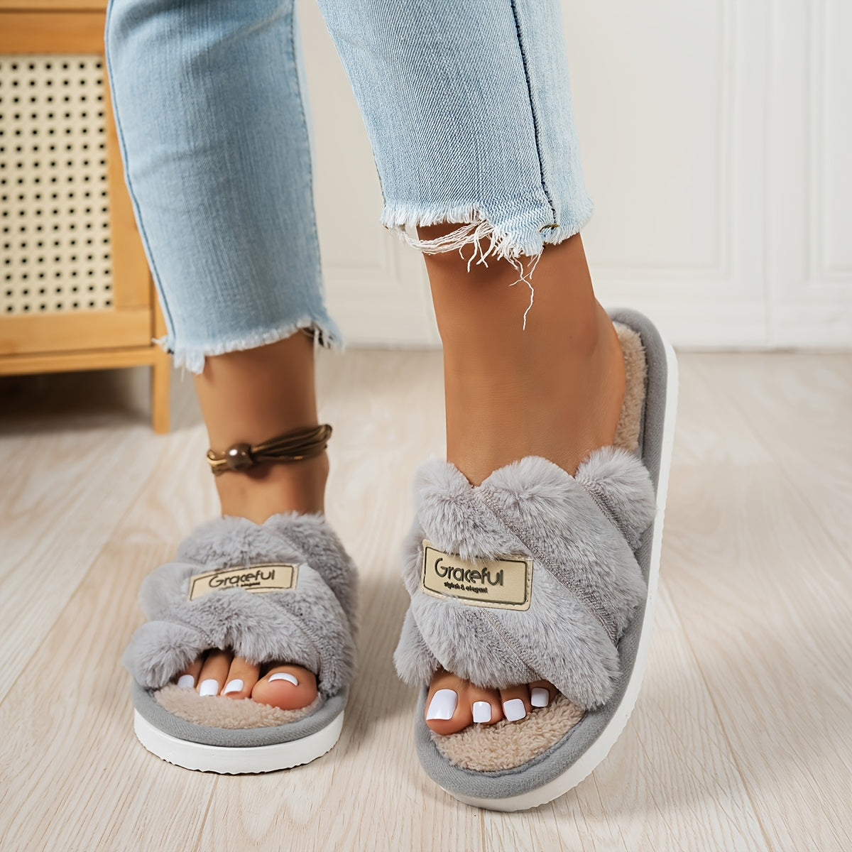 Women'S Minimalist Stylish Indoor Home Comfortable Silent Warm Soft-Soled Open-Toe Slide Slippers