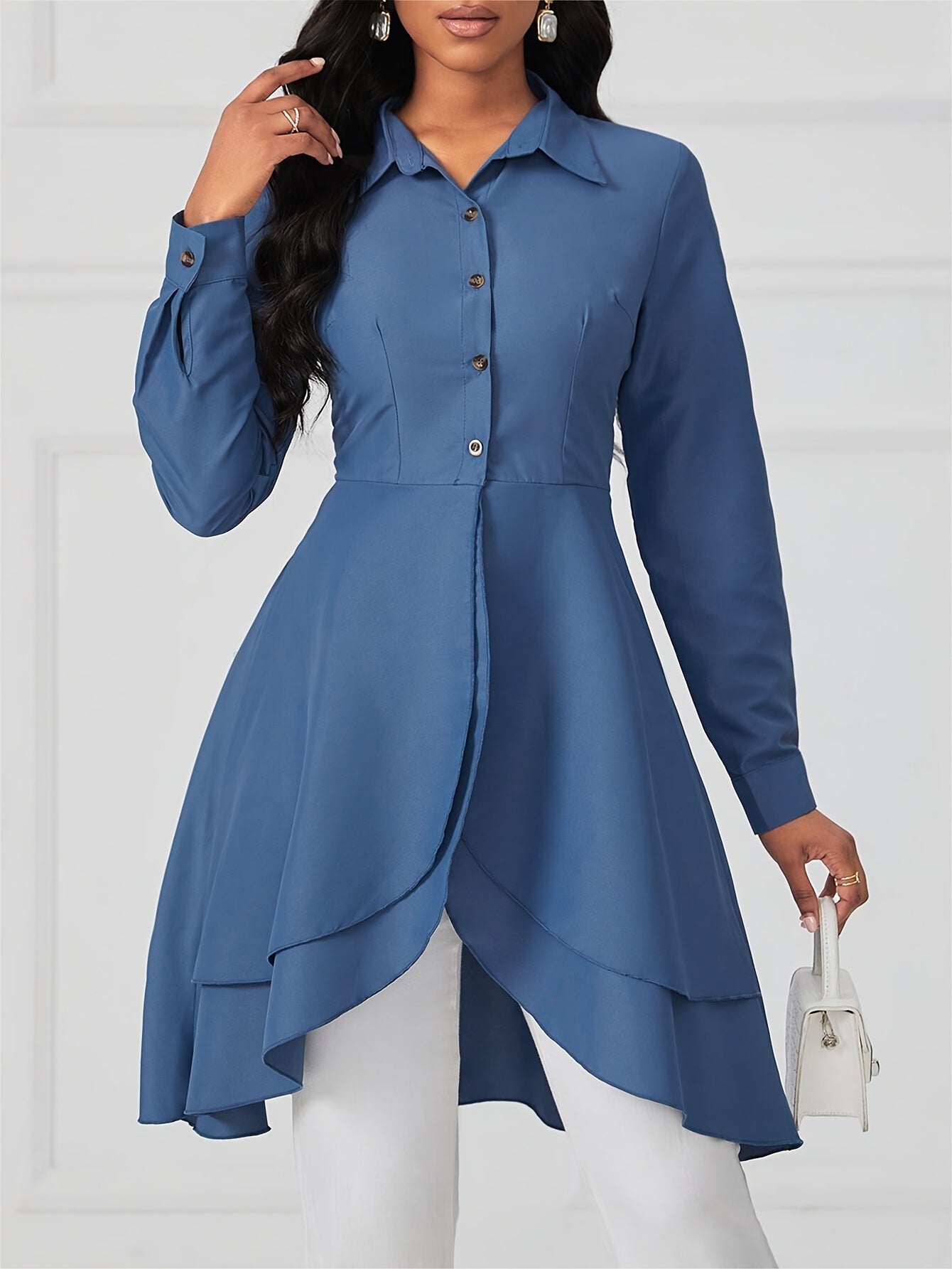 Elegant Solid Color Long Sleeve Shirt for Women - Button-Up, Non-Stretch Polyester Blend, Machine Washable, Elegant Special Project Style, ALL/Global/All