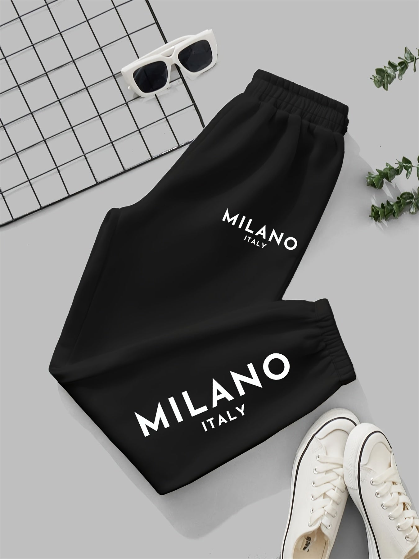 Milano Italy Printed Women'S Jogger Pants, Casual Knit Polyester 100% Fabric, 190g/m², All-Season, with Pockets, Fashionable Long Jogging Trousers for Adult