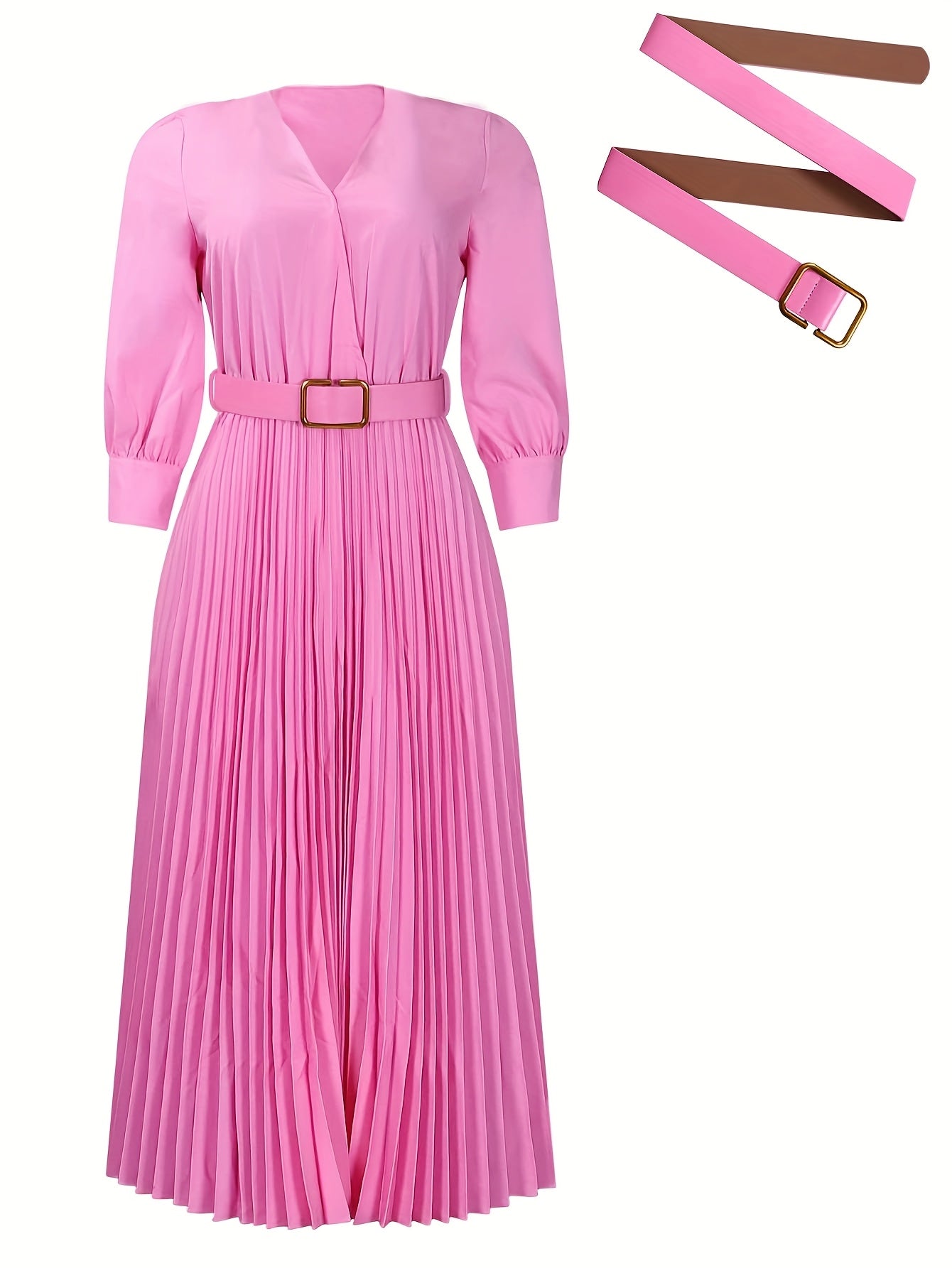 Elegant V-Neck Pleated Midi Dress with Belt for Women - Chic Long Sleeve, Cinched Waist, Ribbed Texture, Perfect for Spring & Fall Formal Event