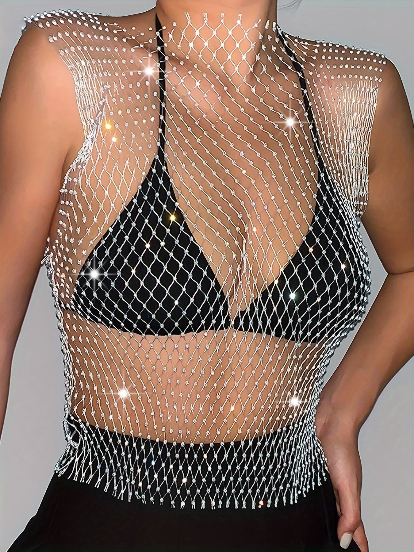 Women’s Rhinestone Fishnet Tank Top - Sleeveless V-Neck, Stretchy & Sheer Glitter Mesh for Party & Clubwear, White, Trendy Outfit | Sparkly Fishnet Design | Stretchy Mesh Fabric