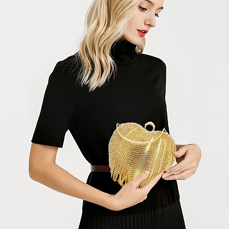 Elegant Heart-Shaped Rhinestone Evening Clutch with Tassel, Lightweight Acrylic Party Handbag with Removable Strap, Buckle Closure, Rayon Lined, No Pattern Design for Valentine'S Day