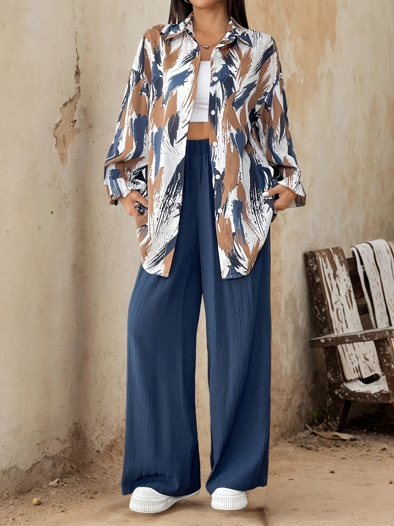 Women'S Casual Spring/Summer 2pcs Set - Floral Print Long Sleeve Blouse & Wide-Leg Pants, Button-Up Top with Pockets, White Sneakers, and White Handbag, Casual Attire|Floral Print Top|Buttonup Top