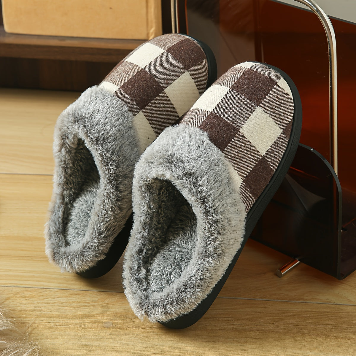 Cozy Plaid Fuzzy Slippers for Women - Thick, Warm & Non-Slip Indoor/Outdoor Shoes with Soft Fabric Lining