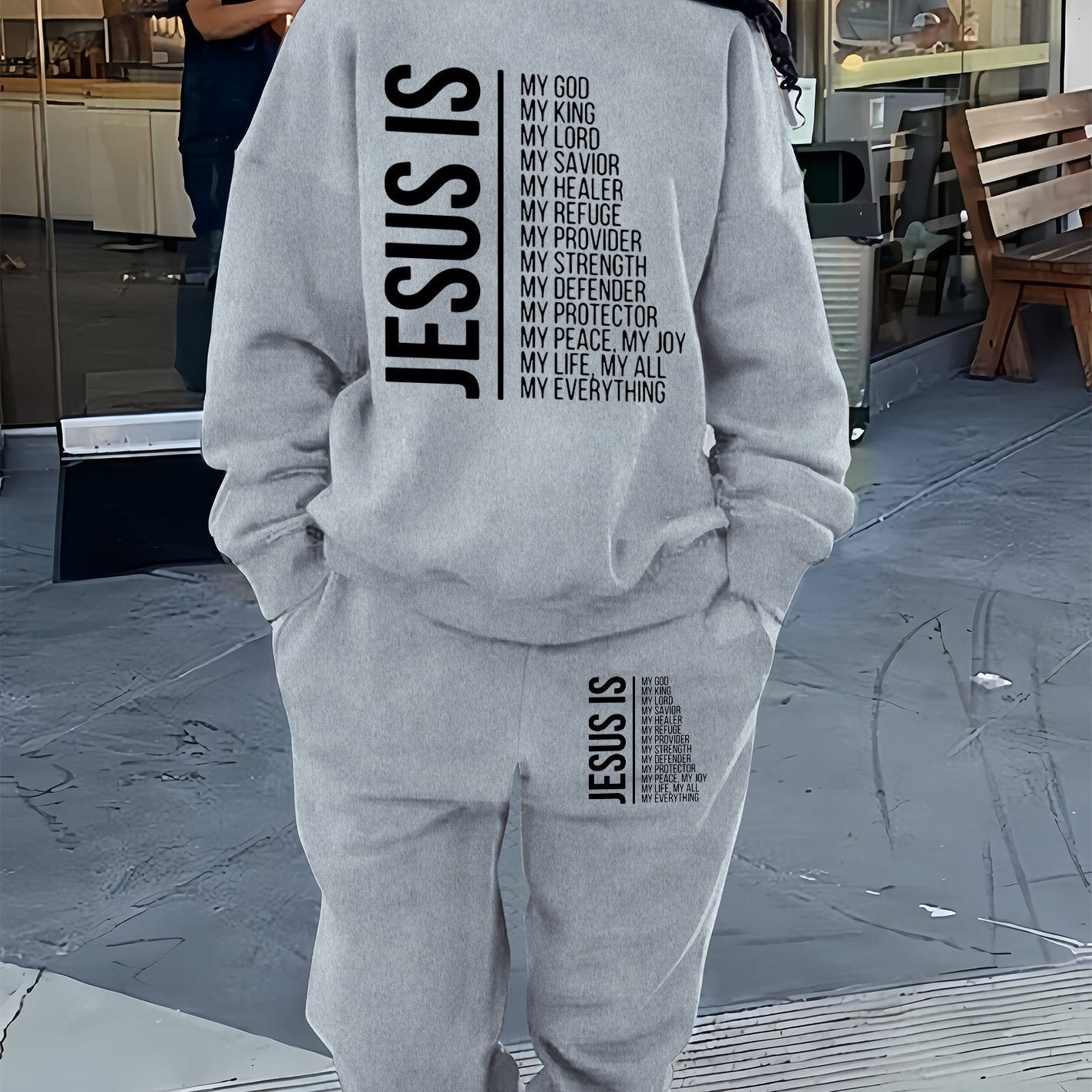 Cozy Fleece-Lined Women's Casual Letter Print Sweatshirt & Joggers Set - Machine Washable, All-Season Comfort