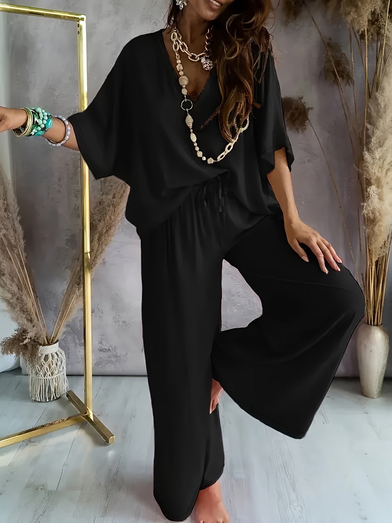 Women's Casual Solid Color Pants Set – Half Sleeve V-Neck Top & Wide Leg Pants, Lightweight Knit Outfit for Spring & Summer