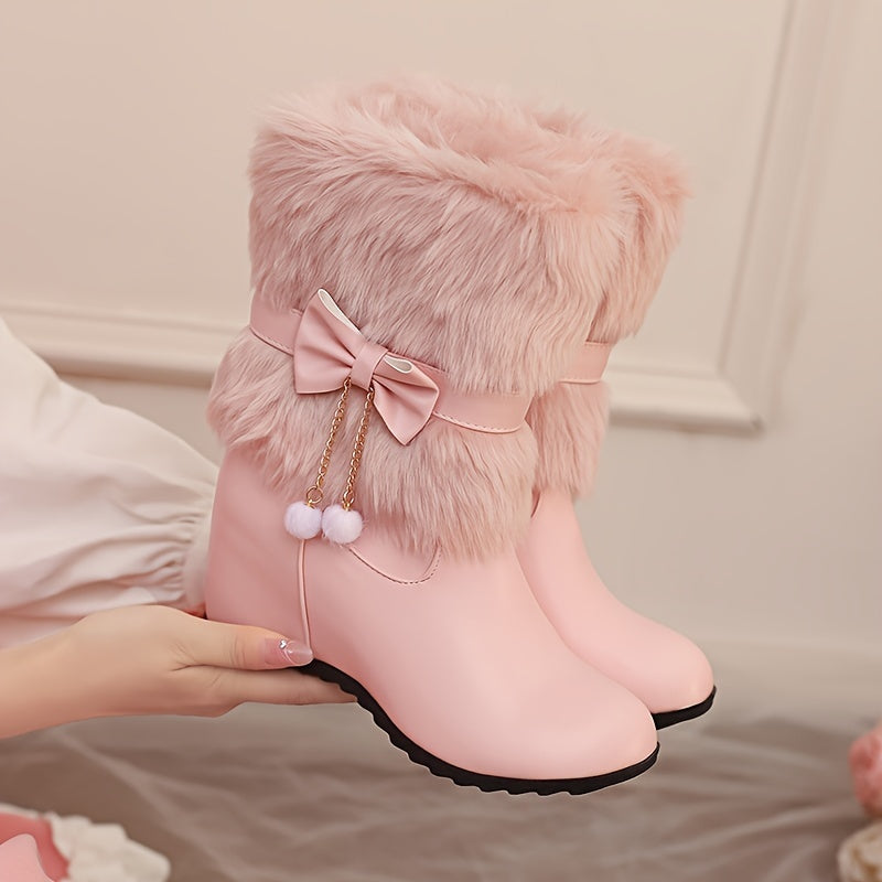Women's Autumn and Winter Fashion Elegant Sweet College Princess Bow Artificial Ball Tassel One-Shoulder Boots, Mary Jane Solid Color Fluffy Faux Fur Wedge Heels, Multifunctional Outdoor Casual Comfortable Warm High Heel Shoe