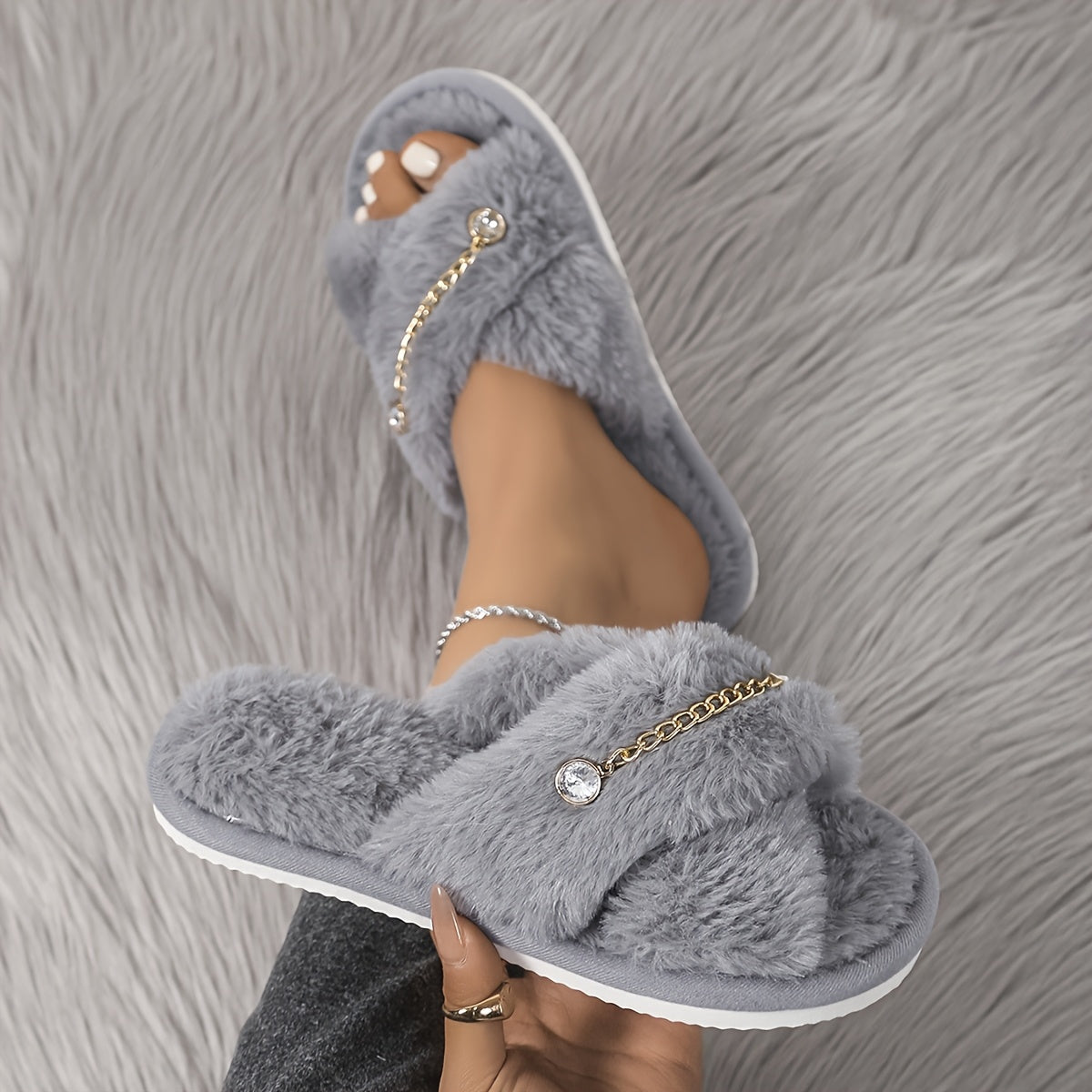 Women's Fashion Slip-On Slippers with Sparkling Ankle Charm - Plush Faux Fur Cross-Toe Warm Indoor House Shoes, Non-Slip EVA Sole, All-Season Cozy Slippers for Women (White, Pink, Black, Beige), Charming Ankle Charm | Fabric
