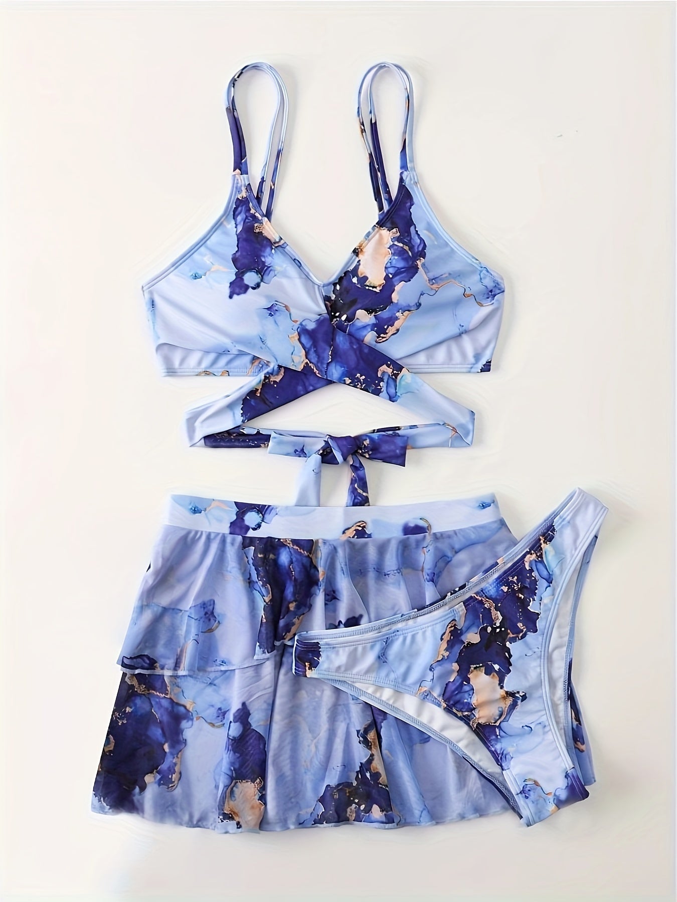 Swimwear Summer Beach Marble Print Bikini Set Layered Beach Skirt Three Piece Swimsuit