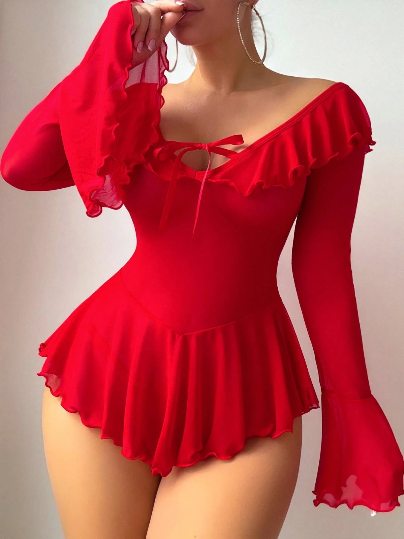 Women Lingerie Chemise Nightdress Solid Color See-Through Ruffles Dress Nightgown Sleepwear Slips Nightie with Thong