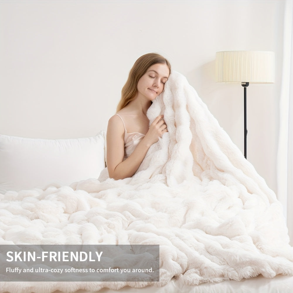 1PC Faux Rabbit Fur Queen Blanket For Bed, Thick & Warm Bed Blankets For Winter, Soft Cozy Fluffy Decorative Blankets For Living Room, Bedroom, Heavy Furry Luxury Blanket Gifts