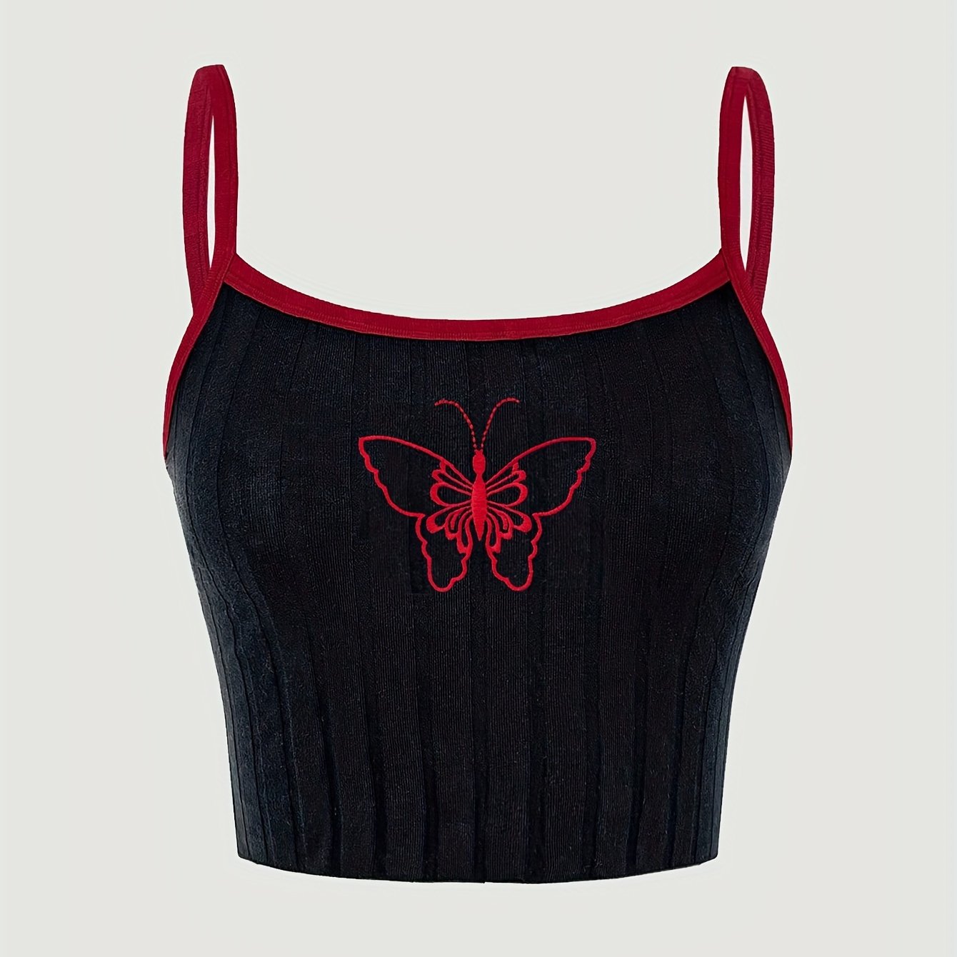 Girls' Butterfly Embroidered Ribbed Cami Top - Stretchy Cotton Blend, Machine Washable - Perfect for Spring/Summer