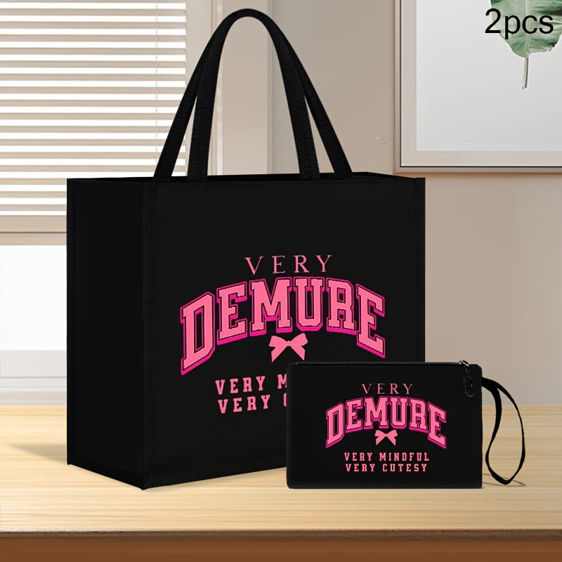 2pcs Chic Black Linen Tote & Makeup Bag Set with "VERY DEMURE" Print - Lightweight, Durable Shopping and Beach Travel Bags with Pink Bow Accent, Hand Washable