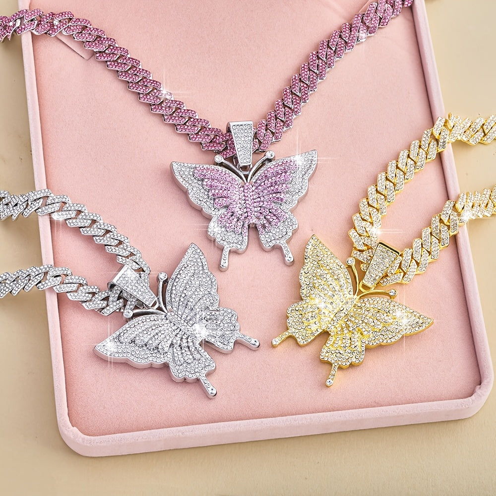 Hiphop Butterfly Pendant Necklace Setanimal themed jewelry Y2K style zinc alloychain with synthetic stone and setaperfect for parties, music festivals andValentine's Day gifts Fashion jewelry