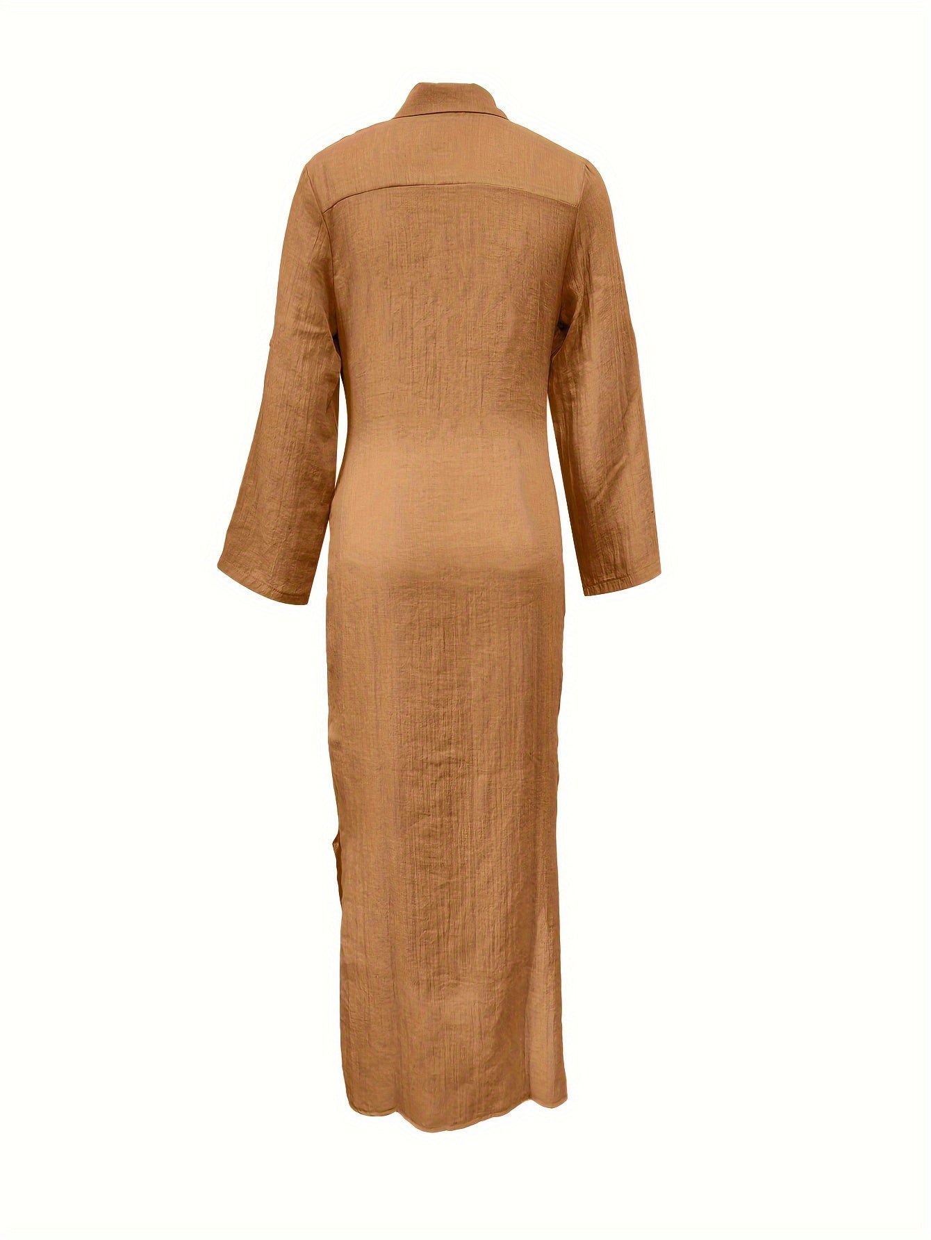 1pc Women'S Casual Solid Color Long Shirt Dress, Polyester Knit Fabric, Lapel Collar, Fitted Style, Spring/Fall Season - SS391137