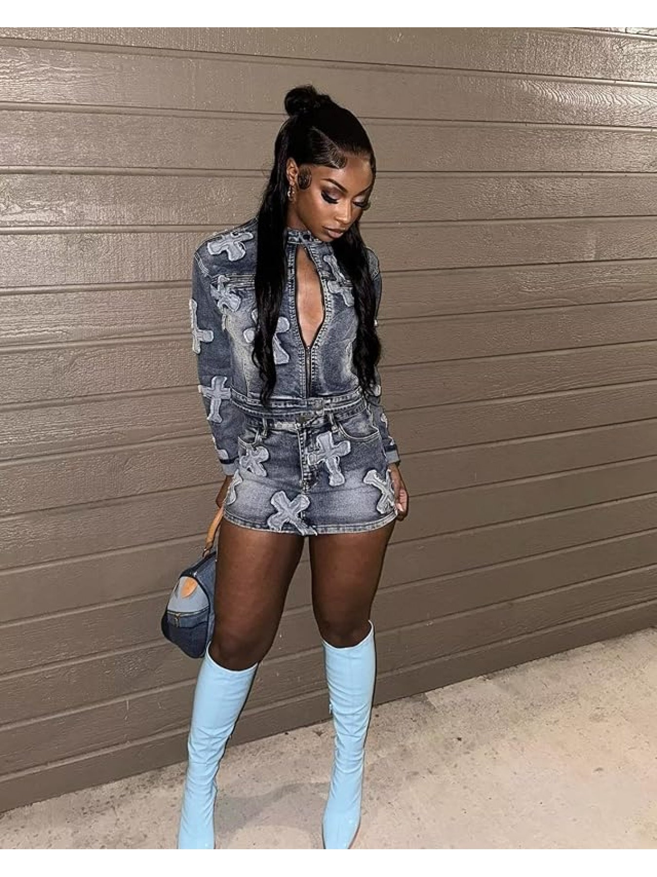 Denim Skirt Set 2pcs Denim Skirt Set for Women Y2K Long Sleeve Zipper Jean Jacket Top Mini Skirt Bodycon Set Two Piece Outfits Long Sleeve Zip Up Jacket Top And Matching Mini Skirt with Pockets