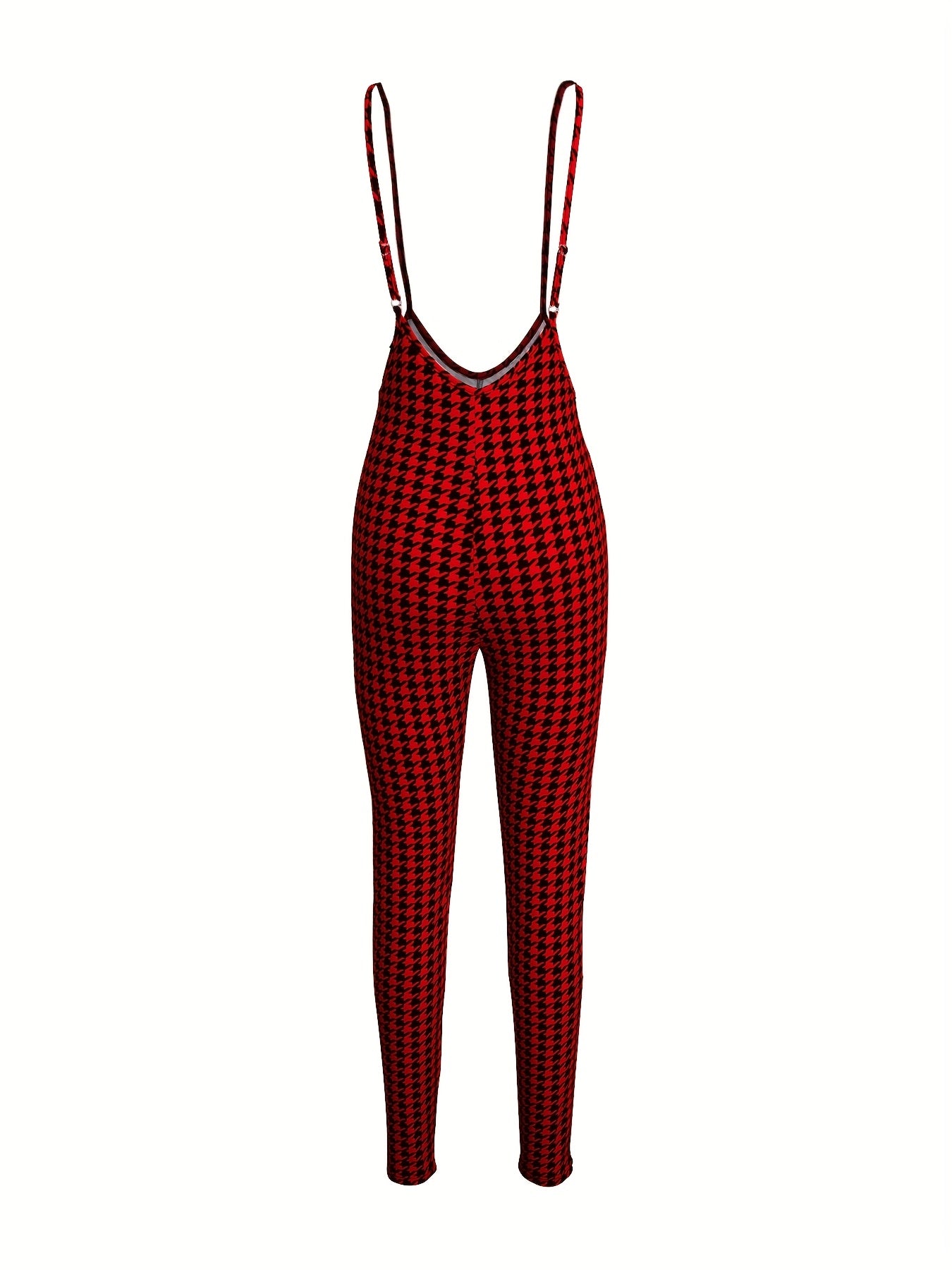 1pc Women's Sexy Houndstooth Pattern Jumpsuit, Polyester Knit Fabric with Elastane, Collarless Design, All-Season Fashion Pants, European And American Style, Geometric Pattern, Halter Neck