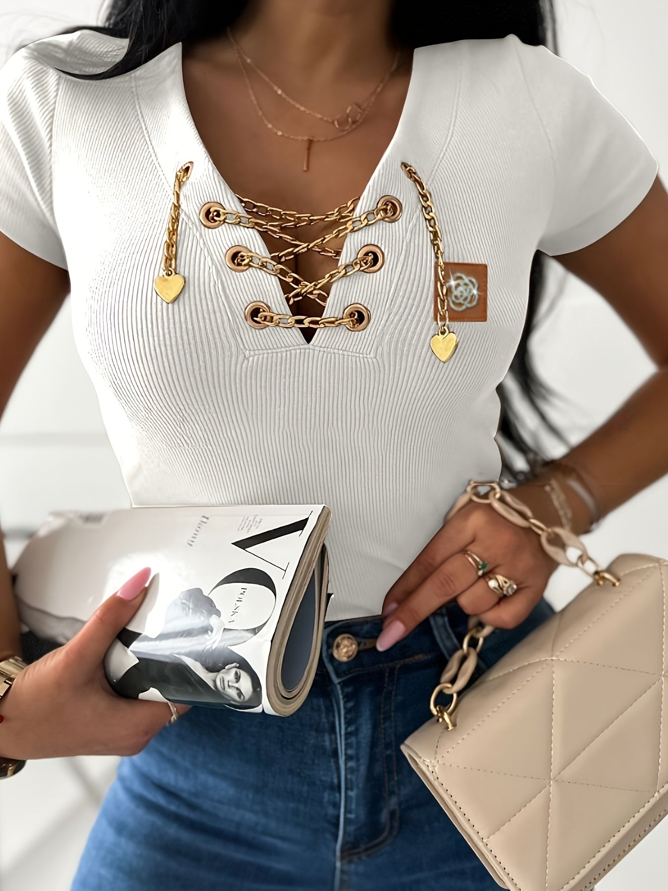 Women's Casual V-Neck T-Shirt | Red Polyester-Spandex Blend | Golden Metal Chain Detail | Slim Fit Short Sleeve | Machine Washable & Dry Clean Safe | Spring/Summer Collection