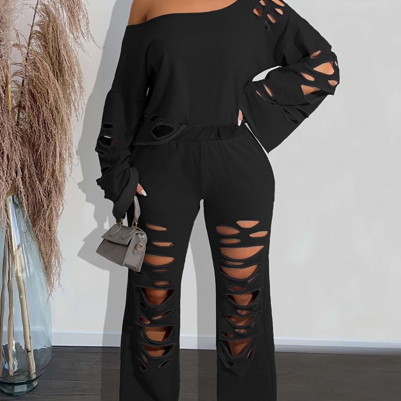 Two-piece Women's Casual Cut Out Set - Long Sleeve Asymmetric Top And Pants Outfit for Comfort And Style