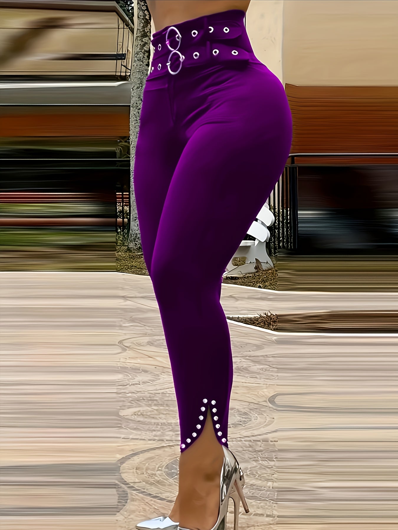 Women's Elegant High-Waisted Slim-Fit Pants with Stylish Eyelet Detailing and Rhinestone Accents, Versatile Red Long Trousers for All Seasons - Polyester, Machine Washable, Ladies Pants