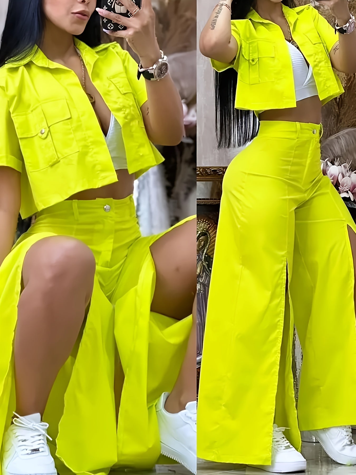[Vibrant Yellow Set] Two-Piece Vibrant Yellow Women's Casual Set - Short Sleeve Button-Up Shirt & High-Waist Wide-Leg Pants with Thigh-High Slit, Polyester, Machine Washable