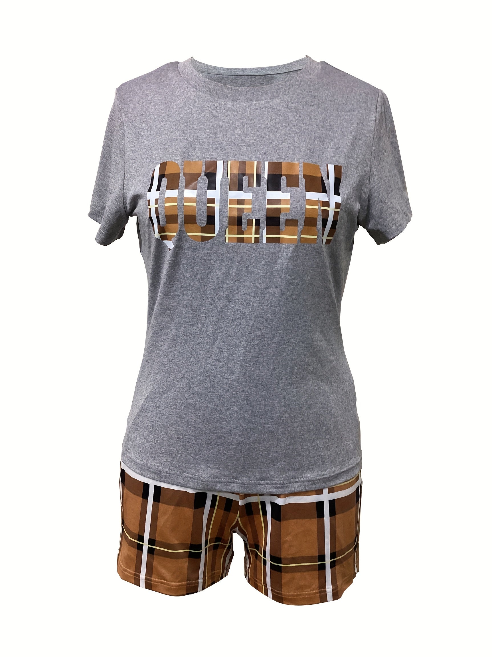 Casual Spring & Summer Two-piece Set, Queen Letter Print Short Sleeve Tee & Plaid Slim Shorts Outfits, Women's Clothing