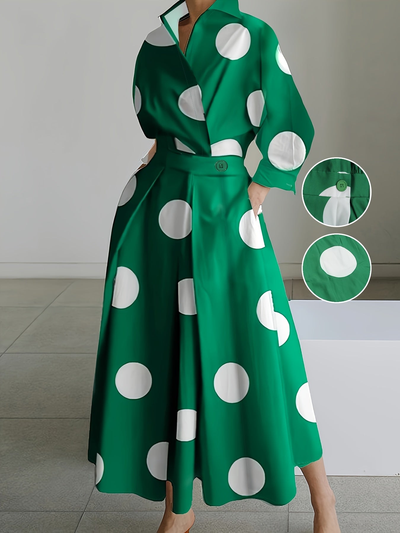 Women'S Elegant Long-Sleeve V-Neck Polka Dot Dress - White with Black Dots, Pencil Fit, Perfect for Spring/Summer/Fall, Casual Attire|Pencil Fit Dress|Vneckline Dress