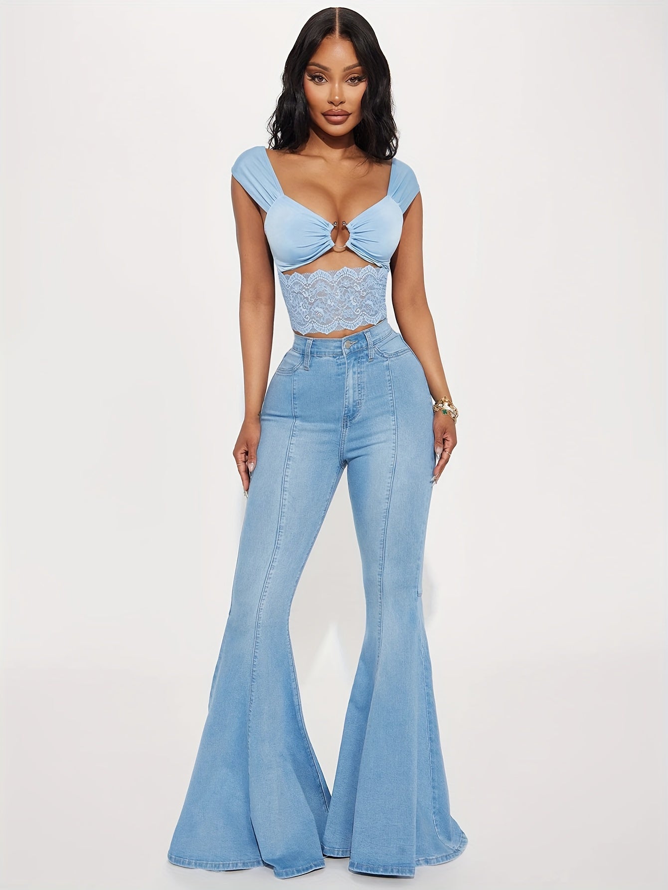 Women's High-Stretch Flare Jeans - Trendy Fashion Denim Bell Bottoms, Comfortable Fit, Versatile Style, Blend, Machine Washable - Perfect for Spring/Summer/Fall