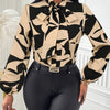 Elegant Geometric Print Blouse with Tie-Neck & Lantern Sleeves - Machine Washable, Beige & Black Color Block Design, Versatile for All Seasons, Perfect for Office or Casual Outfits