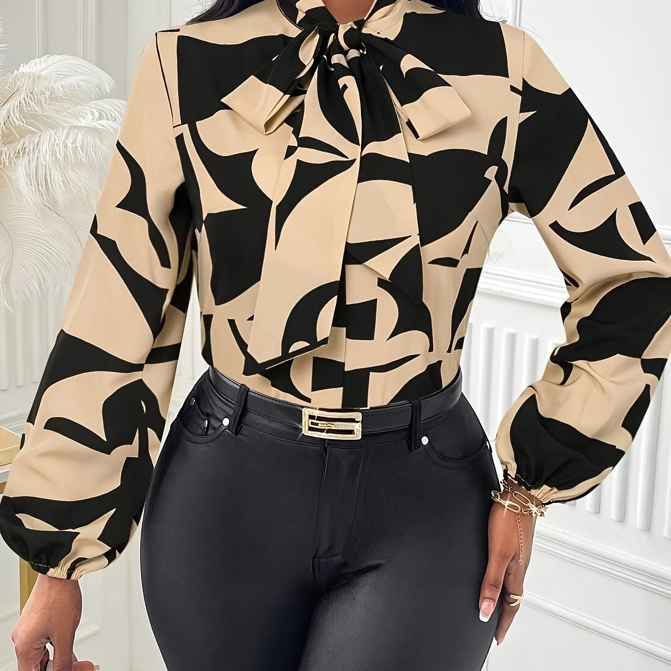 Elegant Geometric Print Blouse with Tie-Neck & Lantern Sleeves - Machine Washable, Beige & Black Color Block Design, Versatile for All Seasons, Perfect for Office or Casual Outfits