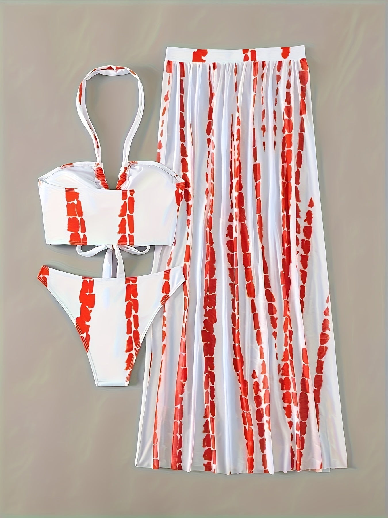 Women's Fashion Beach Vacation Bikini Set, Striped Print, Two-Piece Swimsuit with Halter Top And Skirted Bottom