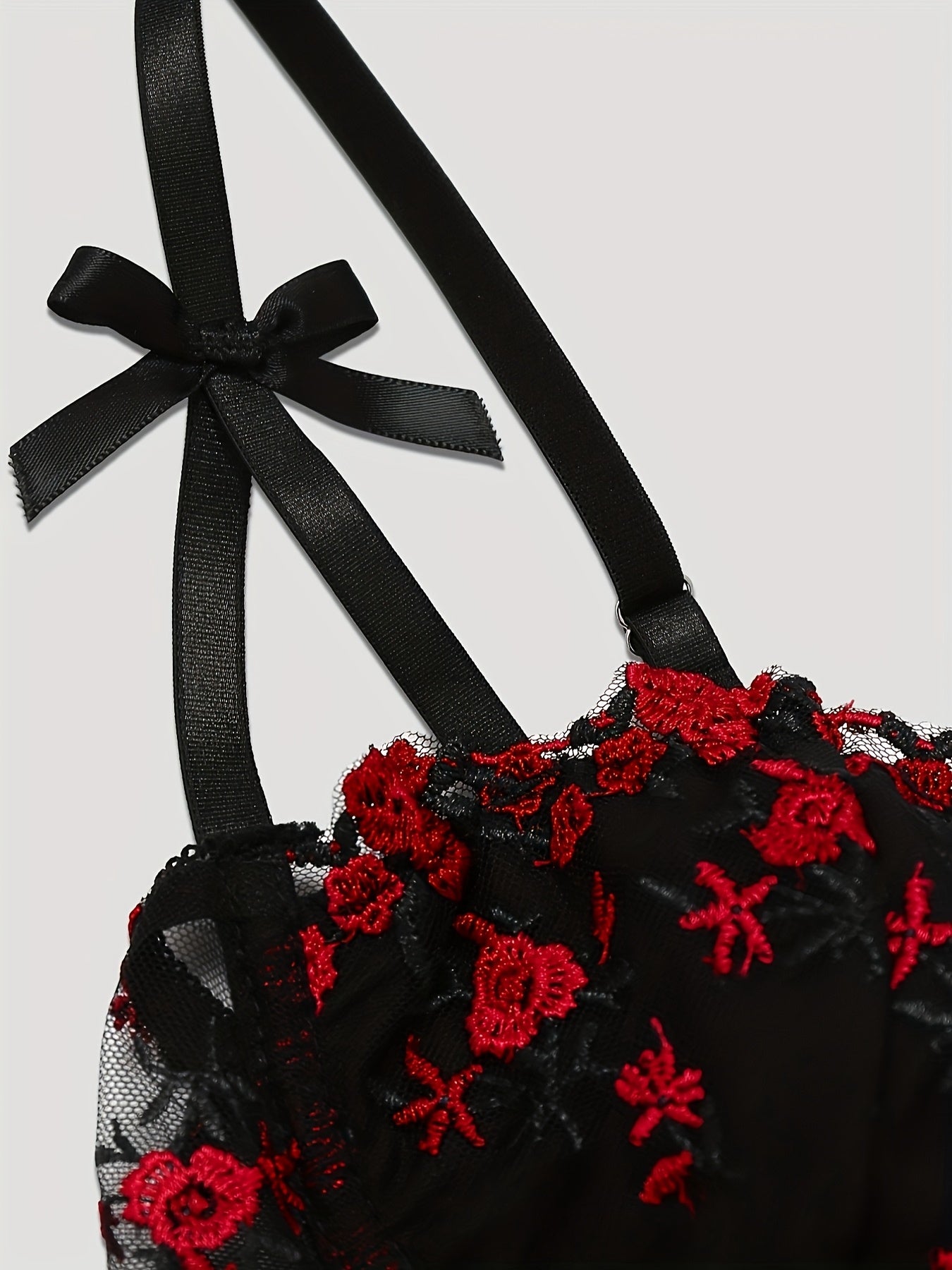 Elegant Black & Red Rose Floral Lace Embroidered Corset Top - Sexy Low-Cut V-Neck Fishbone Mesh Bustier with Adjustable Straps for Women, Perfect for Spring/Summer/Fall, Autumn Clothing | Floral Embroidery | Rose Pattern Desi