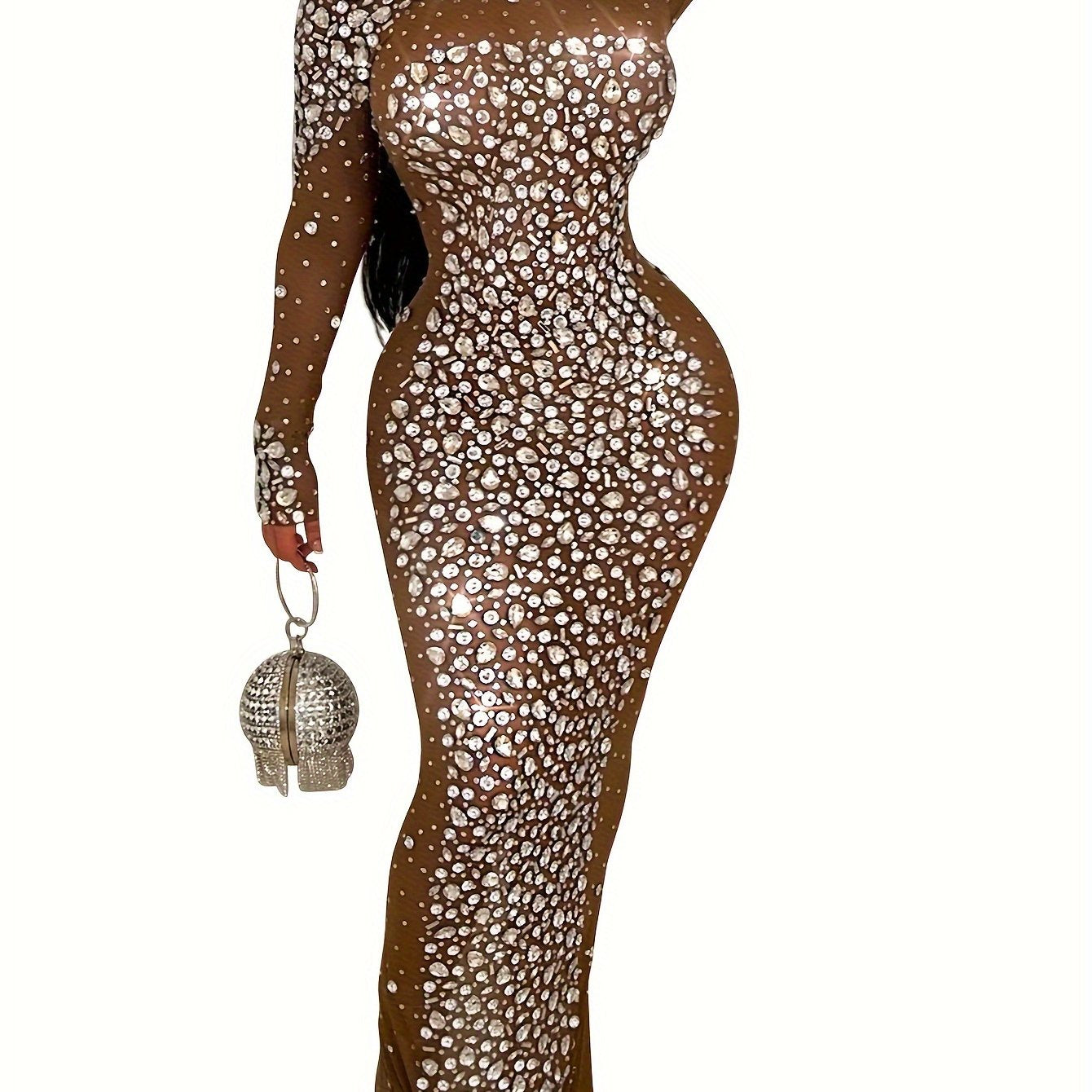 Luxurious Long Sleeve Elegant Rhinestone Dress - Exquisite Skinny Silhouette, Glamorous Formal Design for Upscale Party and Banquet Occasions - Stylish Womens Formal Wear