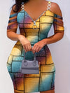 Cold Shoulder Half Zip Patchwork Print Dress, Elegant Chain Shoulder Bodycon Dress For Spring & Summer, Women's Clothing