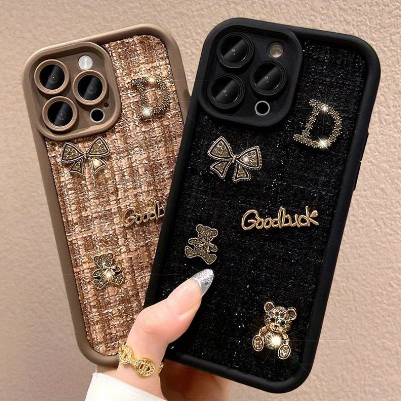 Compact Black Pouch for Iphone 15 Phone Case Featuring a Stereo Bear Design, Compatible with 14 Pro Max Soft Shell, Apple 13, Lanyard for Women, And 12 And 11 Models.