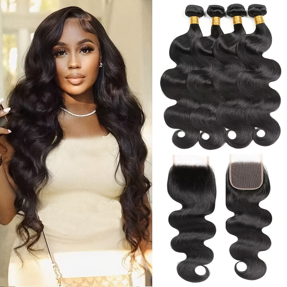 Body Wave 4 Bundles with Closure Brazilian 12A Unprocessed Virgin Human Hair 4x4 Free Part Closure Body Wavy Human Hair Bundles with Closure Natural Color Free Part HD Lace Transparent