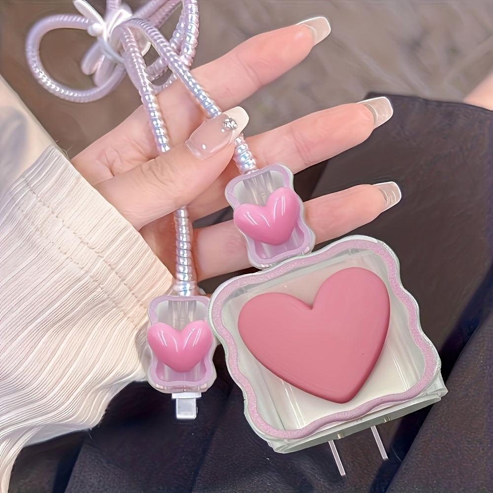 5-Pack Pink Heart-Shaped TPU Charger Protector with Cable Wrap, Compatible with iPhone 18W/20W Fast Charging, Soft Protective Case Accessory Without Battery
