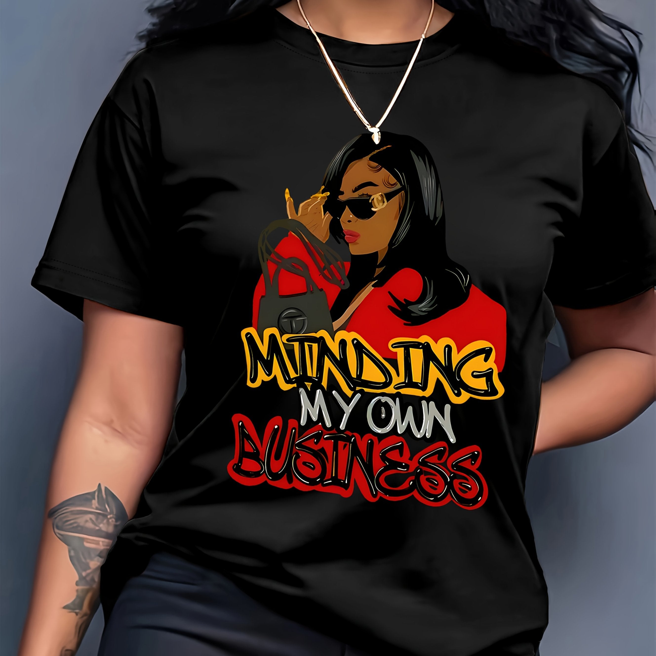 [Stylish T-Shirt] Polyester Women's Casual T-Shirt - Stylish Cartoon Character Print "MINDING MY OWN BUSINESS" Design, Machine Washable, All-Season Wear