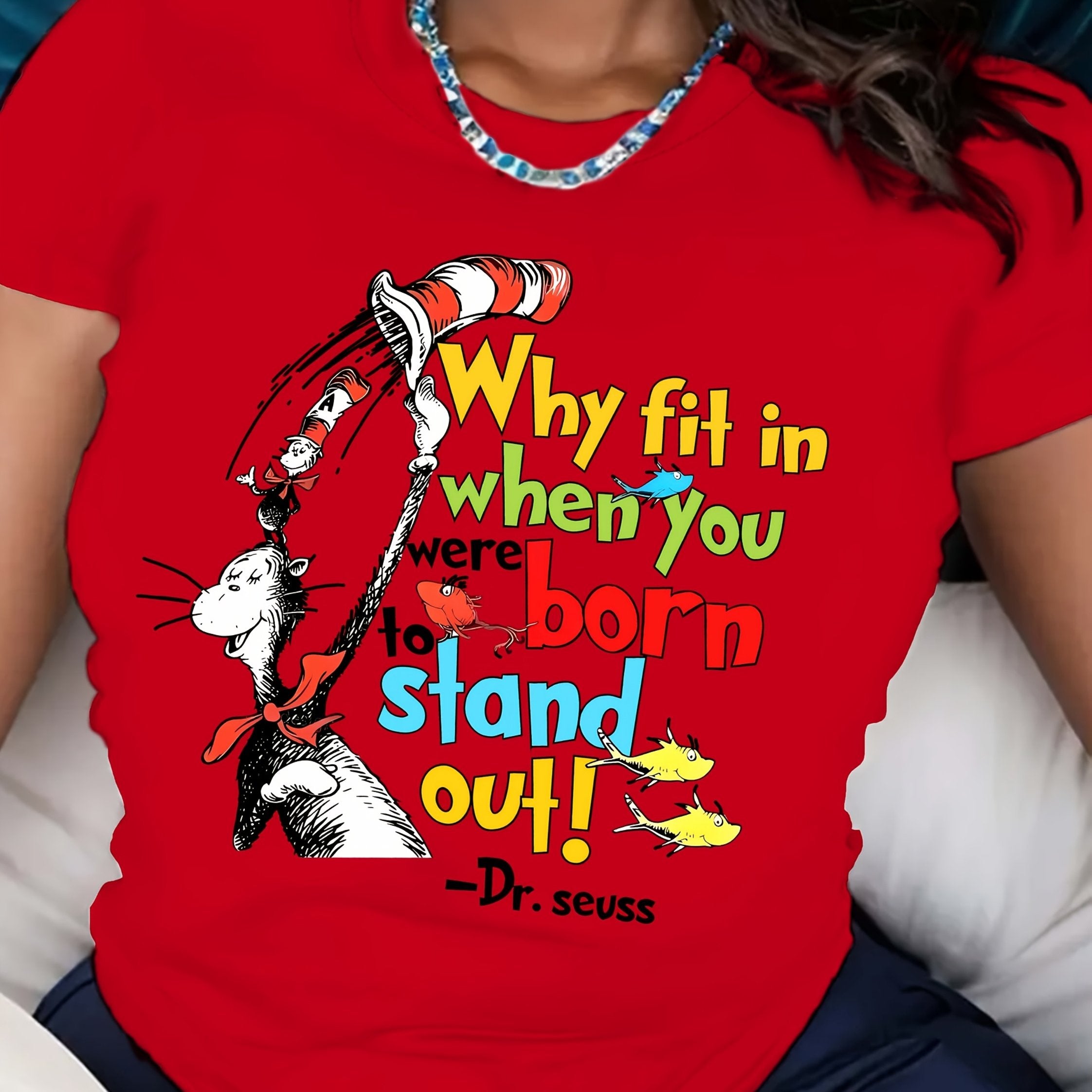 Women's Red Cartoon Graphic T-Shirt - "Why Fit In When You Were Born to Stand Out!" Dr. Seuss Quote, Casual Short Sleeve Crew Neck Top, Perfect for Spring & Summer