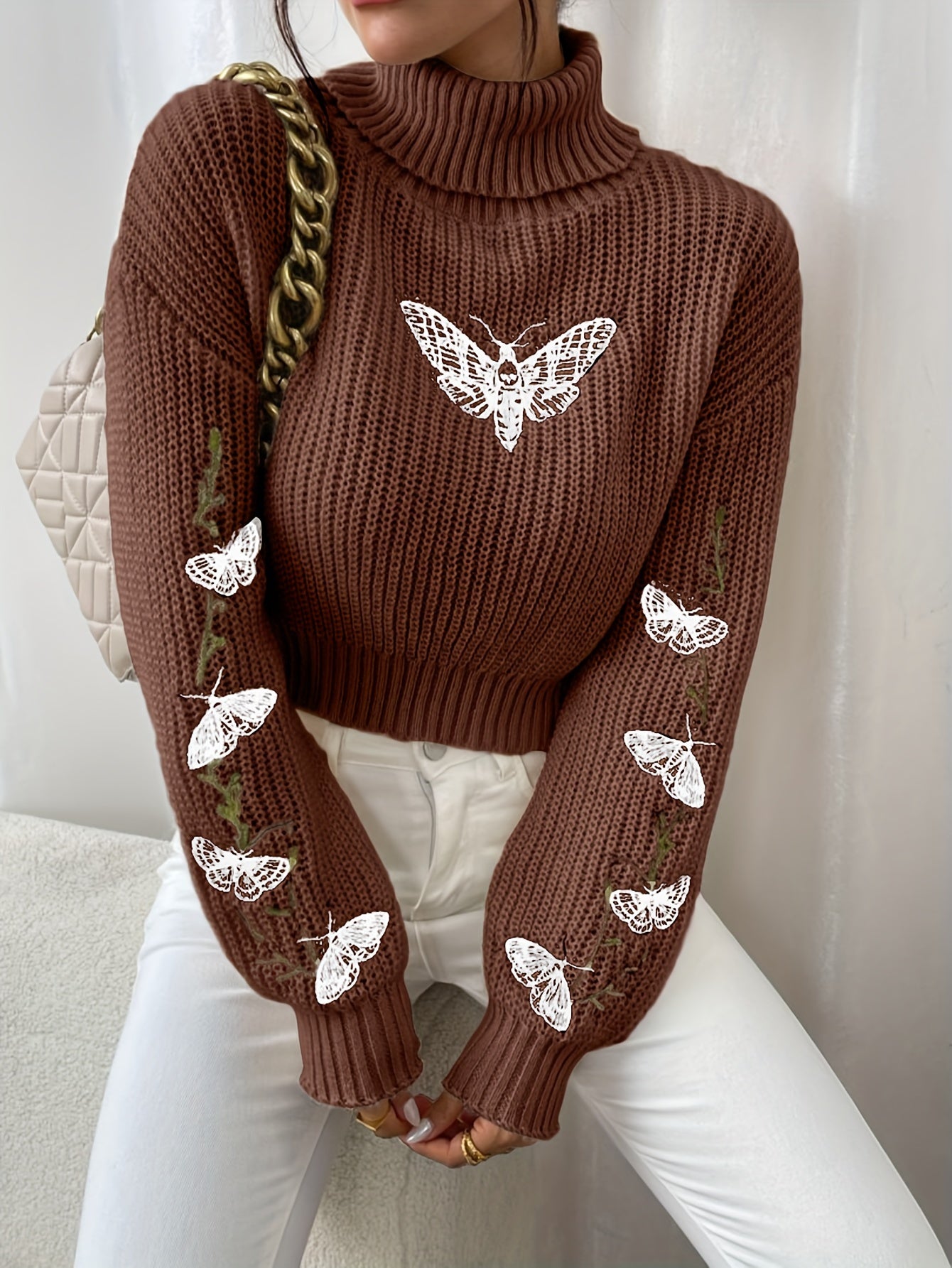 Winter Warmth] Elegant Pink Butterfly Sweater for Women - Cozy Turtleneck, Long Sleeve, 100% Polyester Knit Pullover, Casual Style, Perfect for Fall/Winter