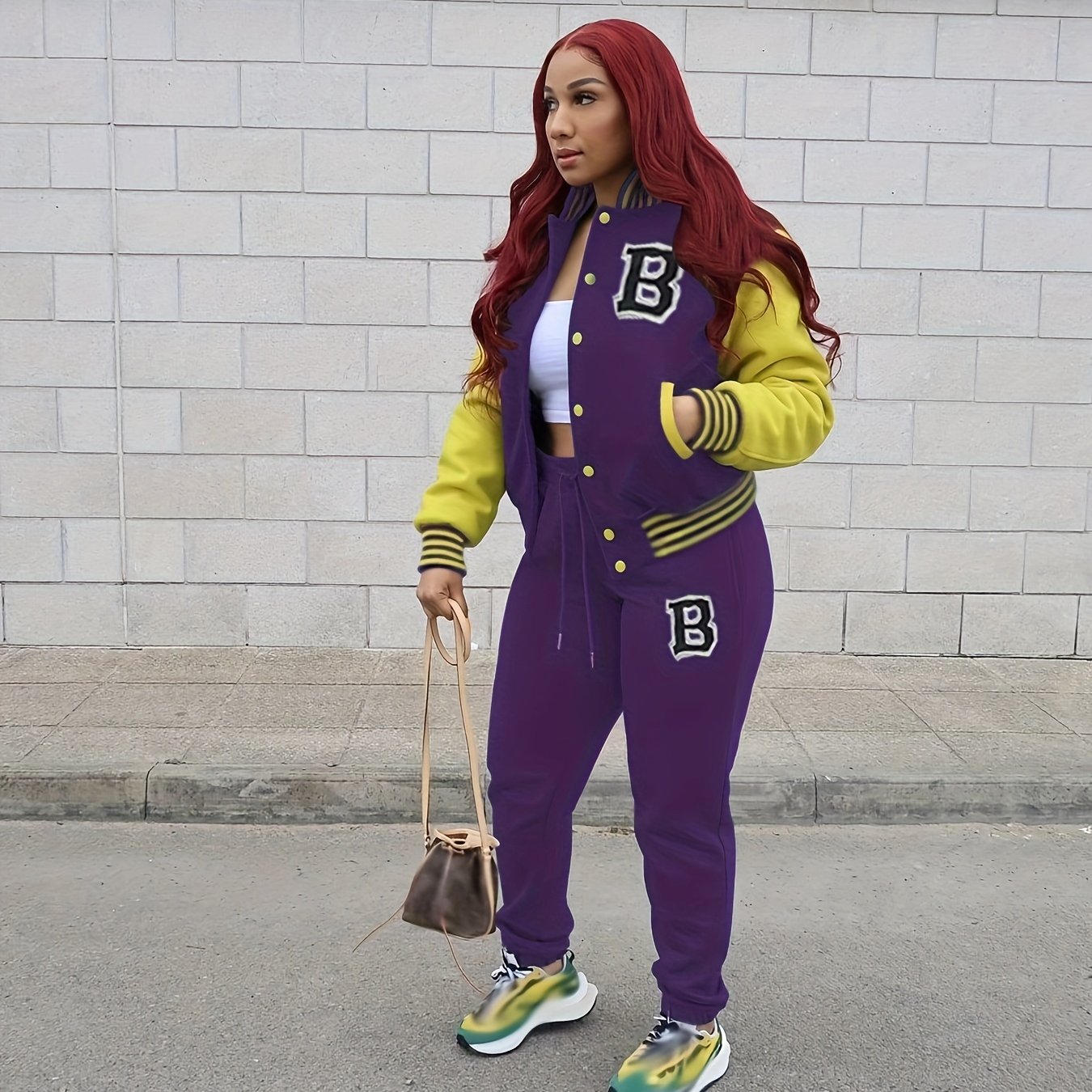 Two-piece Set, Button Front Varsity Jacket & Drawstring Jogger Pants Outfits, Letter Pattern Casual Women's Clothing