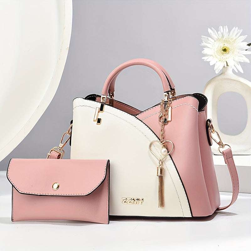 Elegant 2pcs Women's Handbag Set with Heart Tassel - Chic Colorblock Crossbody & Clutch Purse, Adjustable Strap, Magnetic Closure - Perfect Valentine's Gift